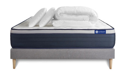 Pack lit complet 200x200 cm - Matelas + Sommier Gris (en kit) + 2 oreillers + Couette - Actimemo Max