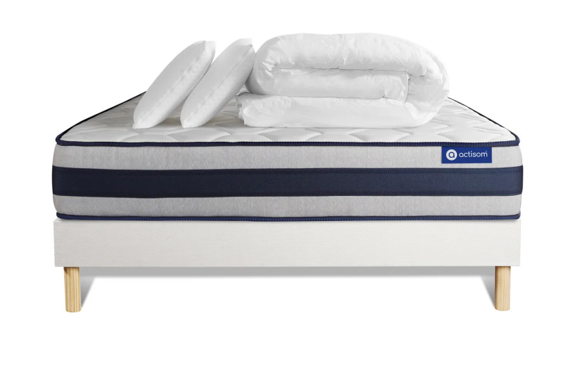 Pack lit complet 180x200 cm - Matelas + Sommier Blanc (en kit) + 2 oreillers + Couette - Actilatex Ergo