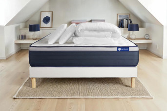 Pack lit complet 160x200 cm - Matelas + Sommier Blanc (en kit) + 2 oreillers + Couette - Actimemo Max