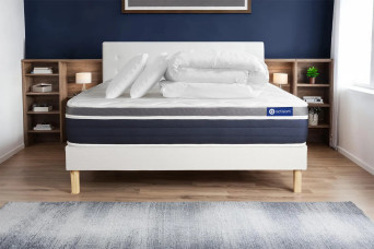 Pack lit complet 180x200 cm - Matelas + Sommier Blanc (en kit) + 2 oreillers + Couette - Actimemo Confort