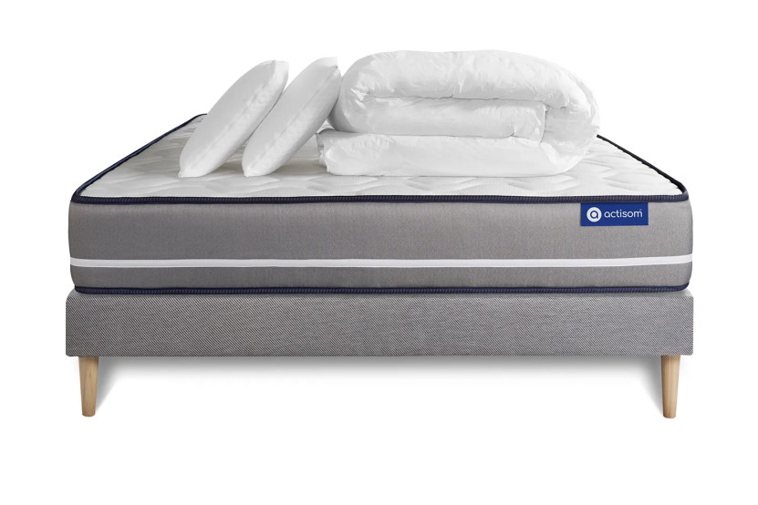 Pack lit complet 180x200 cm - Matelas + Sommier Gris (en kit) + 2 oreillers + Couette - Actilatex Pur