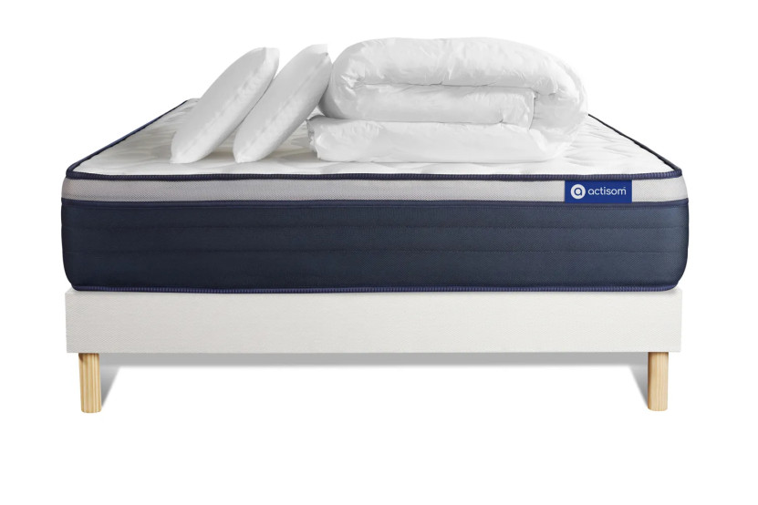 Pack lit complet 180x200 cm - Matelas + Sommier Blanc (en kit) + 2 oreillers + Couette - Actilatex Max