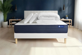Pack lit complet 180x200 cm - Matelas + Sommier Blanc (en kit) + 2 oreillers + Couette - Actimemo Life