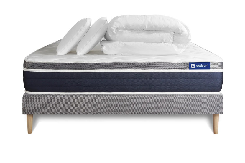 Pack lit complet 160x200 cm - Matelas + Sommier Gris (en kit) + 2 oreillers + Couette - Actimemo Confort
