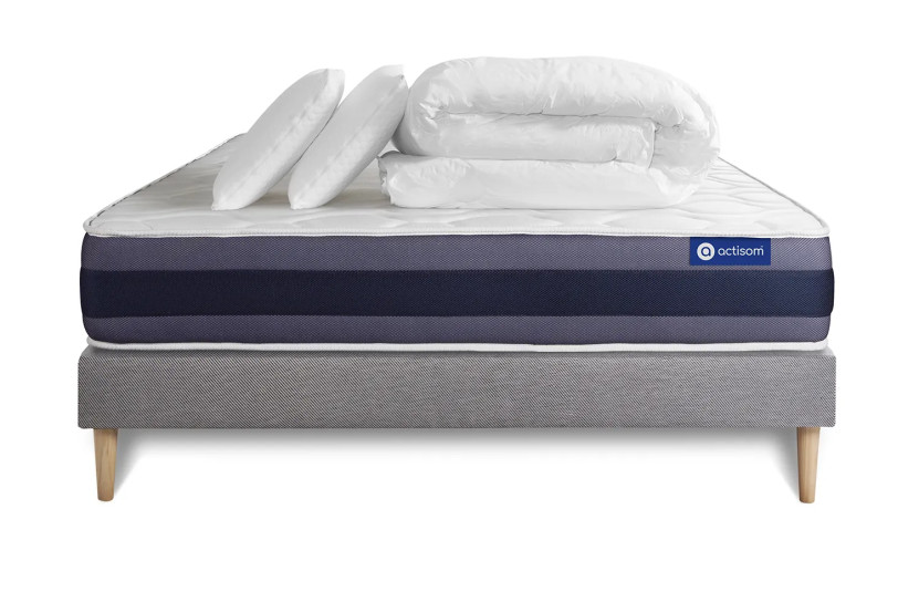 Pack lit complet 140x200 cm - Matelas + Sommier Gris (en kit) + 2 oreillers + Couette - Actimemo Morpho