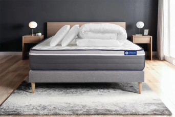 Pack lit complet 140x190 cm - Matelas + Sommier Gris (en kit) + 2 oreillers + Couette - Actiflex Plus
