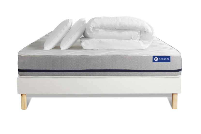 Pack lit complet 160x200 cm - Matelas + Sommier Blanc (en kit) + 2 oreillers + Couette - Actiflex Soft