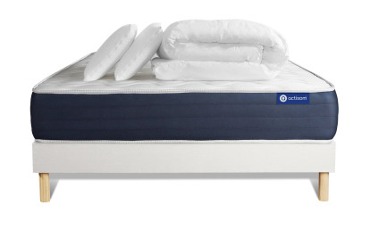 Pack lit complet 140x200 cm - Matelas + Sommier Blanc (en kit) + 2 oreillers + Couette - Actiflex Sleep