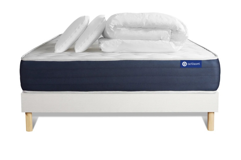 Pack lit complet 140x200 cm - Matelas + Sommier Blanc (en kit) + 2 oreillers + Couette - Actiflex Sleep