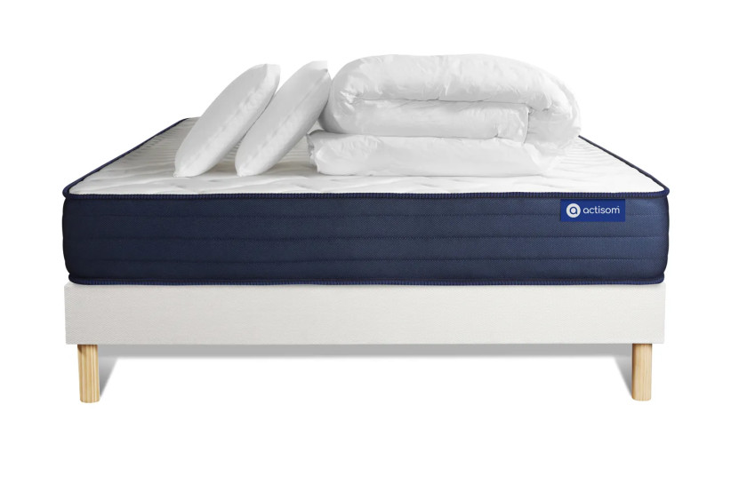 Pack lit complet 160x200 cm - Matelas + Sommier Blanc (en kit) + 2 oreillers + Couette - Actilatex Life
