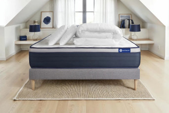 Pack lit complet 140x200 cm - Matelas + Sommier Gris (en kit) + 2 oreillers + Couette - Actiflex Max