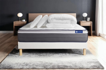 Pack lit complet 200x200 cm - Matelas + Sommier Blanc (en kit) + 2 oreillers + Couette - Actiflex Plus