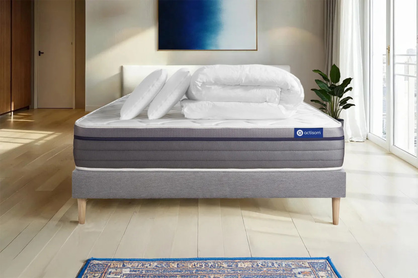 Pack lit complet 180x200 cm - Matelas + Sommier Gris (en kit) + 2 oreillers + Couette - Actilatex Zen