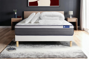 Pack lit complet 160x200 cm - Matelas + Sommier Blanc (en kit) + 2 oreillers + Couette - Actilatex Plus