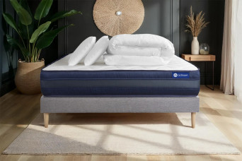 Pack lit complet 140x200 cm - Matelas + Sommier Gris (en kit) + 2 oreillers + Couette - Actiflex Tech