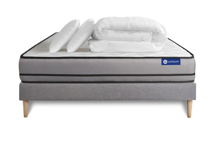 Pack lit complet 180x200 cm - Matelas + Sommier Gris (en kit) + 2 oreillers + Couette - Actilatex Night
