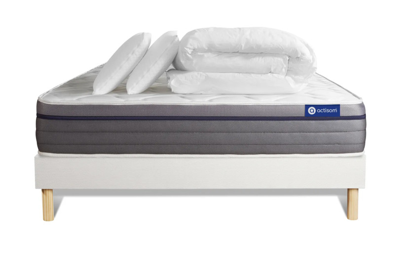 Pack lit complet 140x200 cm - Matelas + Sommier Blanc (en kit) + 2 oreillers + Couette - ActiMemo Zen