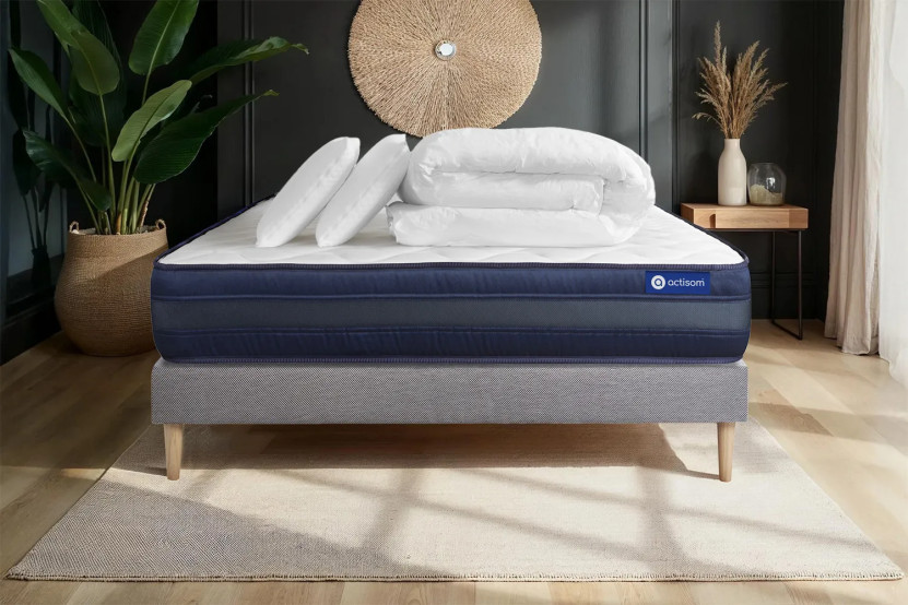 Pack lit complet 160x200 cm - Matelas + Sommier Gris (en kit) + 2 oreillers + Couette - Actiflex Tech