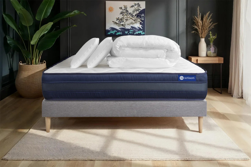 Pack lit complet 180x200 cm - Matelas + Sommier Gris (en kit) + 2 oreillers + Couette - Actilatex Tech