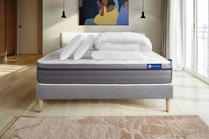 Pack lit complet 160x200 cm - Matelas + Sommier Gris (en kit) + 2 oreillers + Couette - ActiMemo Zen