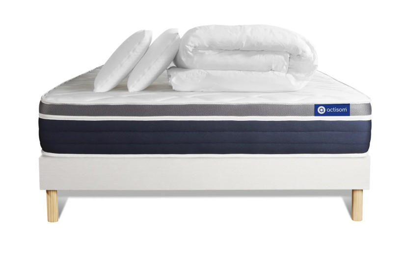 Pack lit complet 180x200 cm - Matelas + Sommier Blanc (en kit) + 2 oreillers + Couette - Actiflex Confort