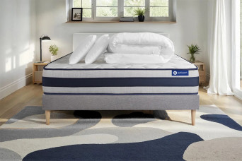 Pack lit complet 180x200 cm - Matelas + Sommier Gris (en kit) + 2 oreillers + Couette - Actimemo Ergo