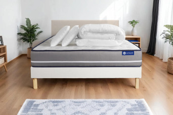 Pack lit complet 140x200 cm - Matelas + Sommier Blanc (en kit) + 2 oreillers + Couette - Actiflex Pur