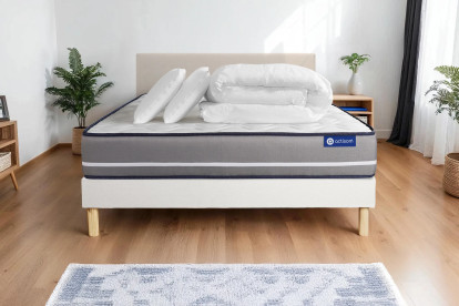 Pack lit complet 140x200 cm - Matelas + Sommier Blanc (en kit) + 2 oreillers + Couette - Actiflex Pur