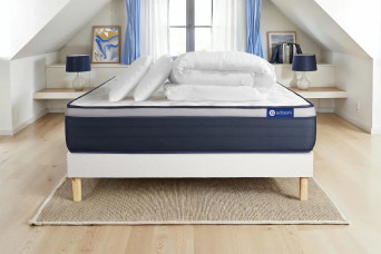 Pack lit complet 200x200 cm - Matelas + Sommier Blanc (en kit) + 2 oreillers + Couette - Actilatex Max