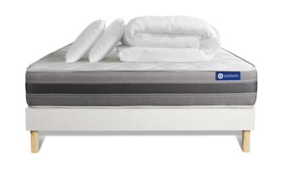 Pack lit complet 140x200 cm - Matelas + Sommier Blanc (en kit) + 2 oreillers + Couette - Actimemo Relax