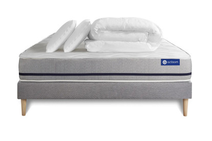 Pack lit complet 180x200 cm - Matelas + Sommier Gris (en kit) + 2 oreillers + Couette - Actilatex Soft