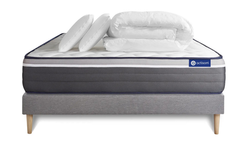 Pack lit complet 200x200 cm - Matelas + Sommier Gris (en kit) + 2 oreillers + Couette - Actilatex Plus