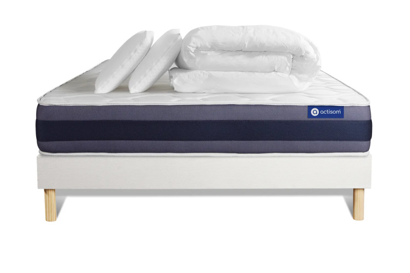 Pack lit complet 160x200 cm - Matelas + Sommier Blanc (en kit) + 2 oreillers + Couette - Actimemo Morpho