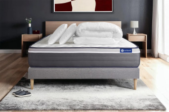 Pack lit complet 160x200 cm - Matelas + Sommier Gris (en kit) + 2 oreillers + Couette - Actilatex Plus