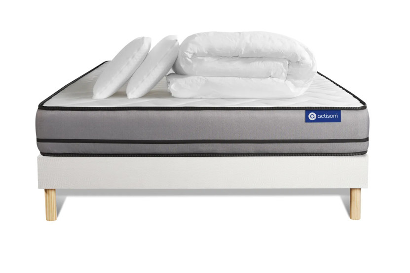 Pack lit complet 180x200 cm - Matelas + Sommier Blanc (en kit) + 2 oreillers + Couette - Actiflex Night