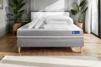 Pack lit complet 160x200 cm - Matelas + Sommier Gris (en kit) + 2 oreillers + Couette - Actiflex Touch