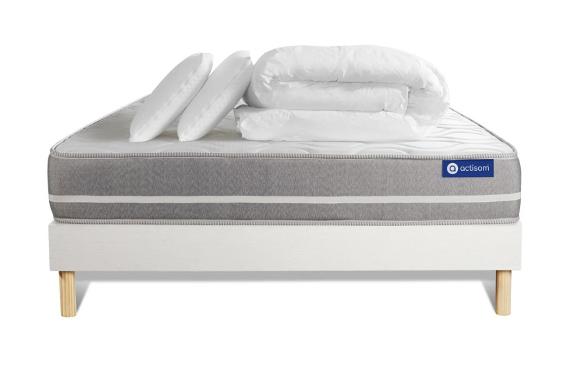 Pack lit complet 160x200 cm - Matelas + Sommier Blanc (en kit) + 2 oreillers + Couette - Actimemo Touch