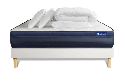 Pack lit complet 160x200 cm - Matelas + Sommier Blanc (en kit) + 2 oreillers + Couette - Actiflex Tech