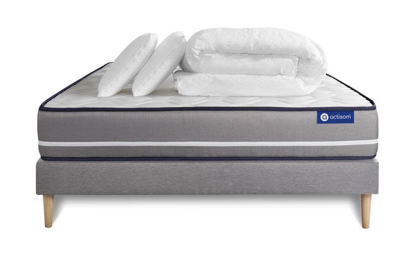 Pack lit complet 160x200 cm - Matelas + Sommier Gris (en kit) + 2 oreillers + Couette - Actimemo Pur