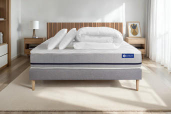 Pack lit complet 140x200 cm - Matelas + Sommier Gris (en kit) + 2 oreillers + Couette - Actilatex Soft