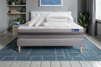Pack lit complet 140x200 cm - Matelas + Sommier Gris (en kit) + 2 oreillers + Couette - Actimemo Relax