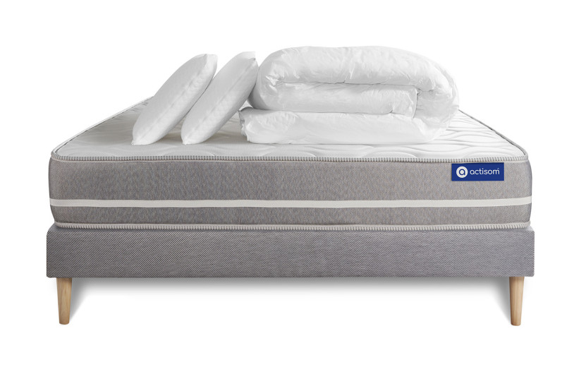 Pack lit complet 140x200 cm - Matelas + Sommier Gris (en kit) + 2 oreillers + Couette - Actimemo Touch