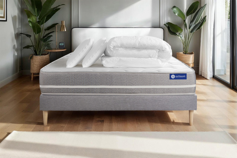 Pack lit complet 180x200 cm - Matelas + Sommier Gris (en kit) + 2 oreillers + Couette - Actiflex Touch