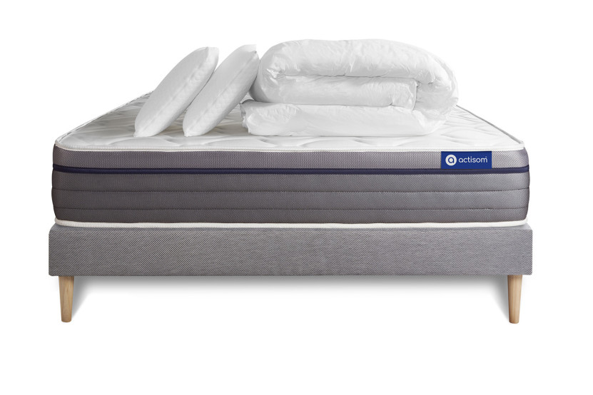 Pack lit complet 160x200 cm - Matelas + Sommier Gris (en kit) + 2 oreillers + Couette - Actilatex Zen