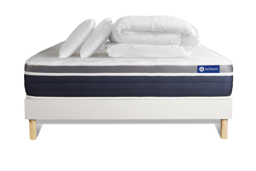 Pack lit complet 140x200 cm - Matelas + Sommier Blanc (en kit) + 2 oreillers + Couette - Actimemo Confort