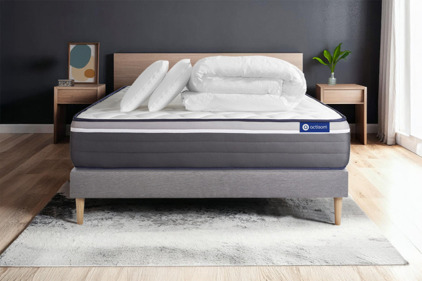 Pack lit complet 140x190 cm - Matelas + Sommier Gris (en kit) + 2 oreillers + Couette - ActiMemo Plus