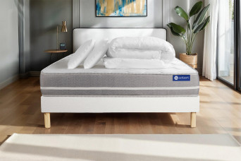 Pack lit complet 180x200 cm - Matelas + Sommier Blanc (en kit) + 2 oreillers + Couette - Actimemo Touch
