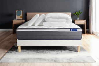 Pack lit complet 140x200 cm - Matelas + Sommier Blanc (en kit) + 2 oreillers + Couette - ActiMemo Plus