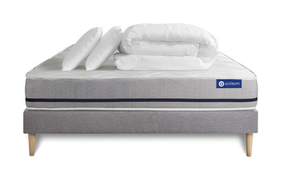 Pack lit complet 160x200 cm - Matelas + Sommier Gris (en kit) + 2 oreillers + Couette - Actiflex Soft