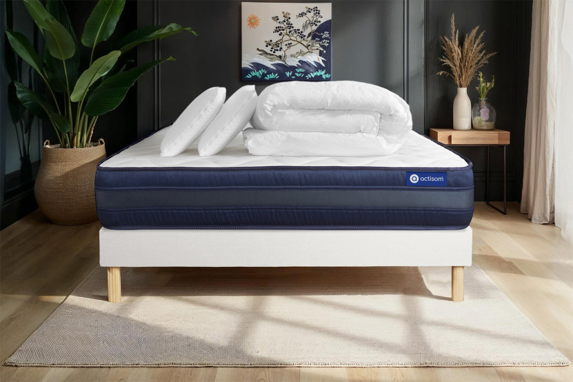Pack lit complet 140x190 cm - Matelas + Sommier Blanc (en kit) + 2 oreillers + Couette - Actilatex Tech